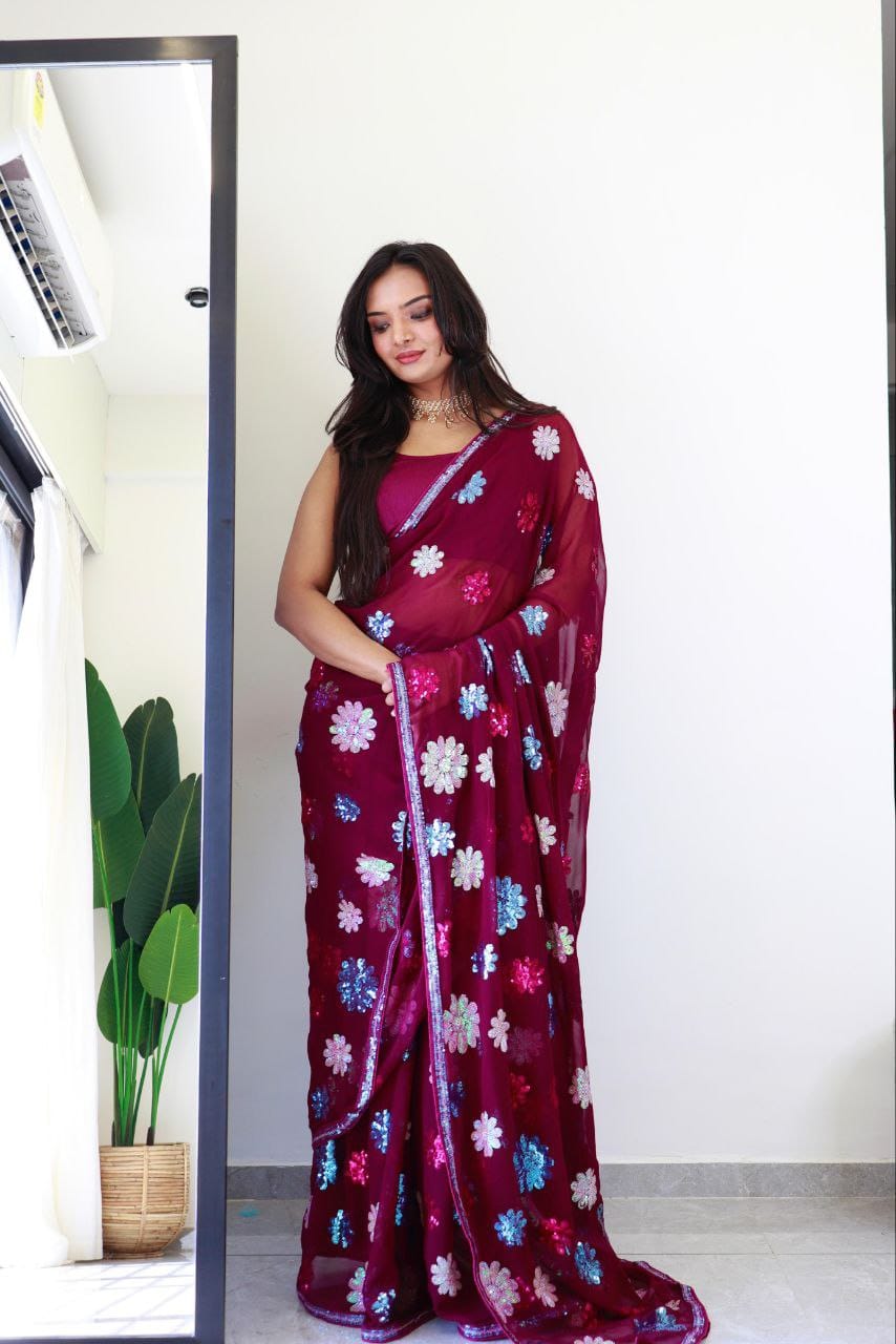 Maroon Color beautiful Sequence Saree in Georgette Fabric