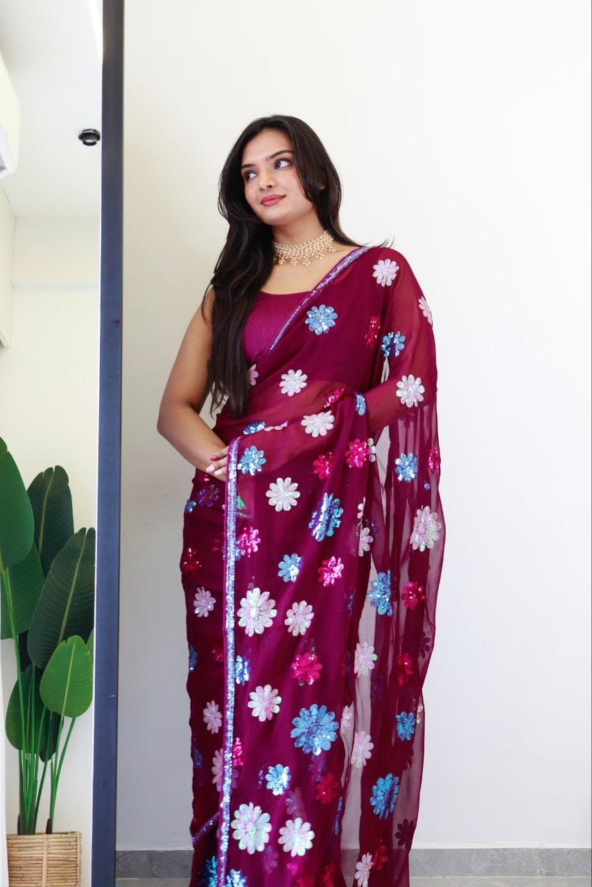 Maroon Color beautiful Sequence Saree in Georgette Fabric