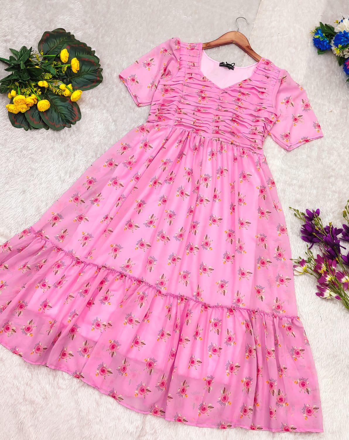 Floral Print Maxi Gown for summer wear in georgette fabric in pink color