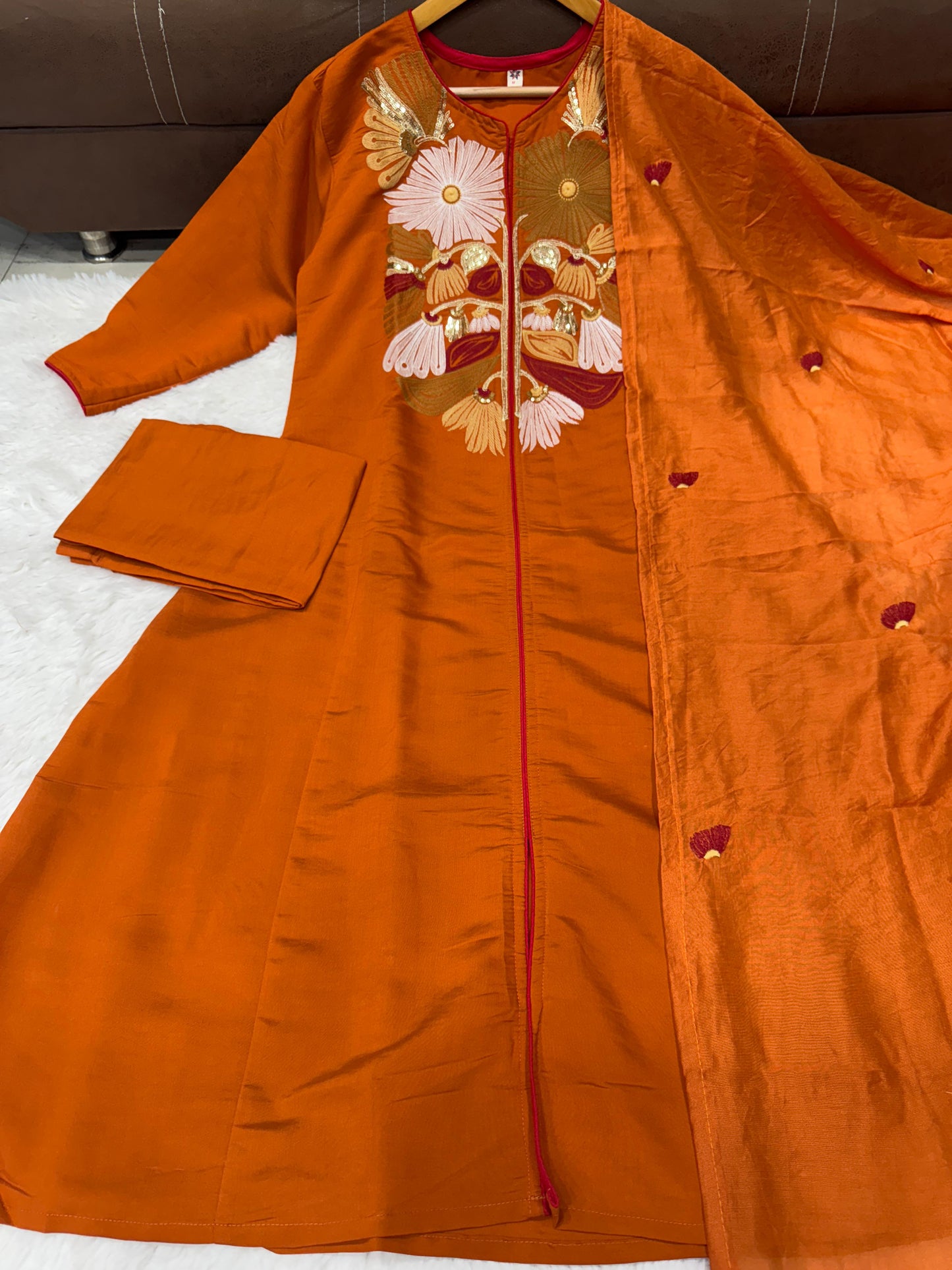 orange color office wear dress in chanderi silk fabric