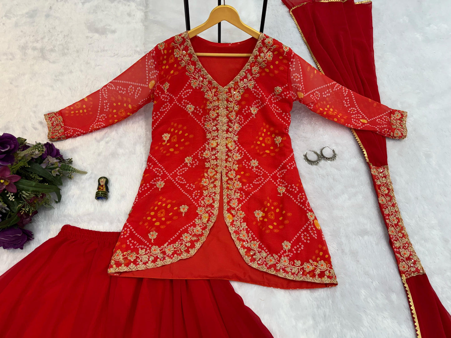 Red Color Beautiful Koti Lehenga Dupatta