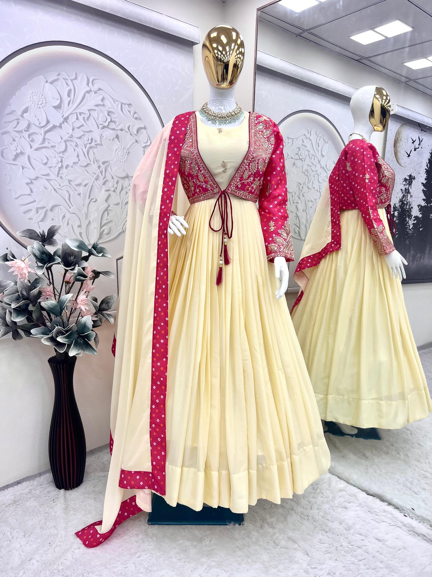 Designer Partywear Gown with koti in chinon silk fabric