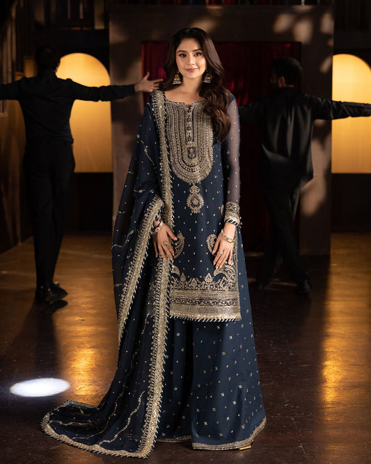 Navy BLue Color Embroidery Sequence Work Top-Sharara And Dupatta Set Fully Stitched