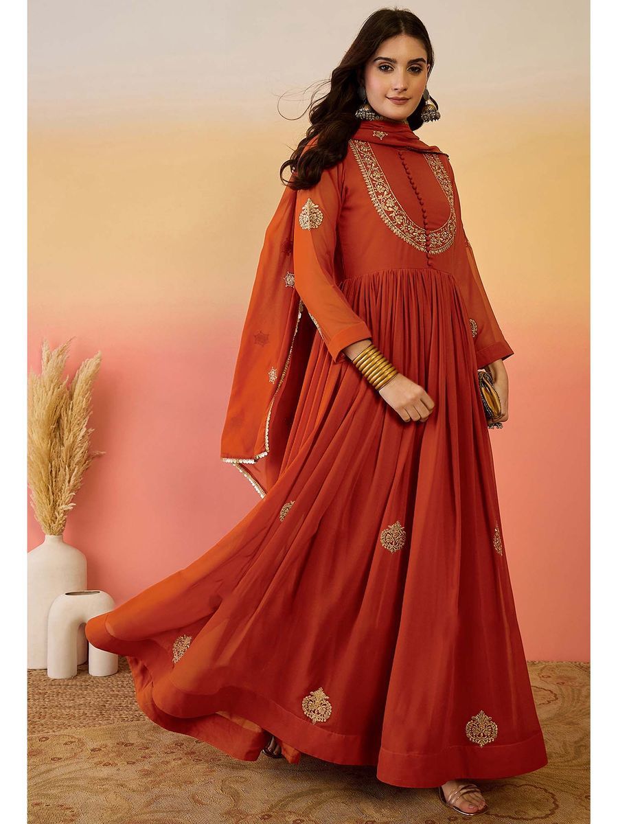 georgette with embroidery sequence work gown and dupatta set fully stitched