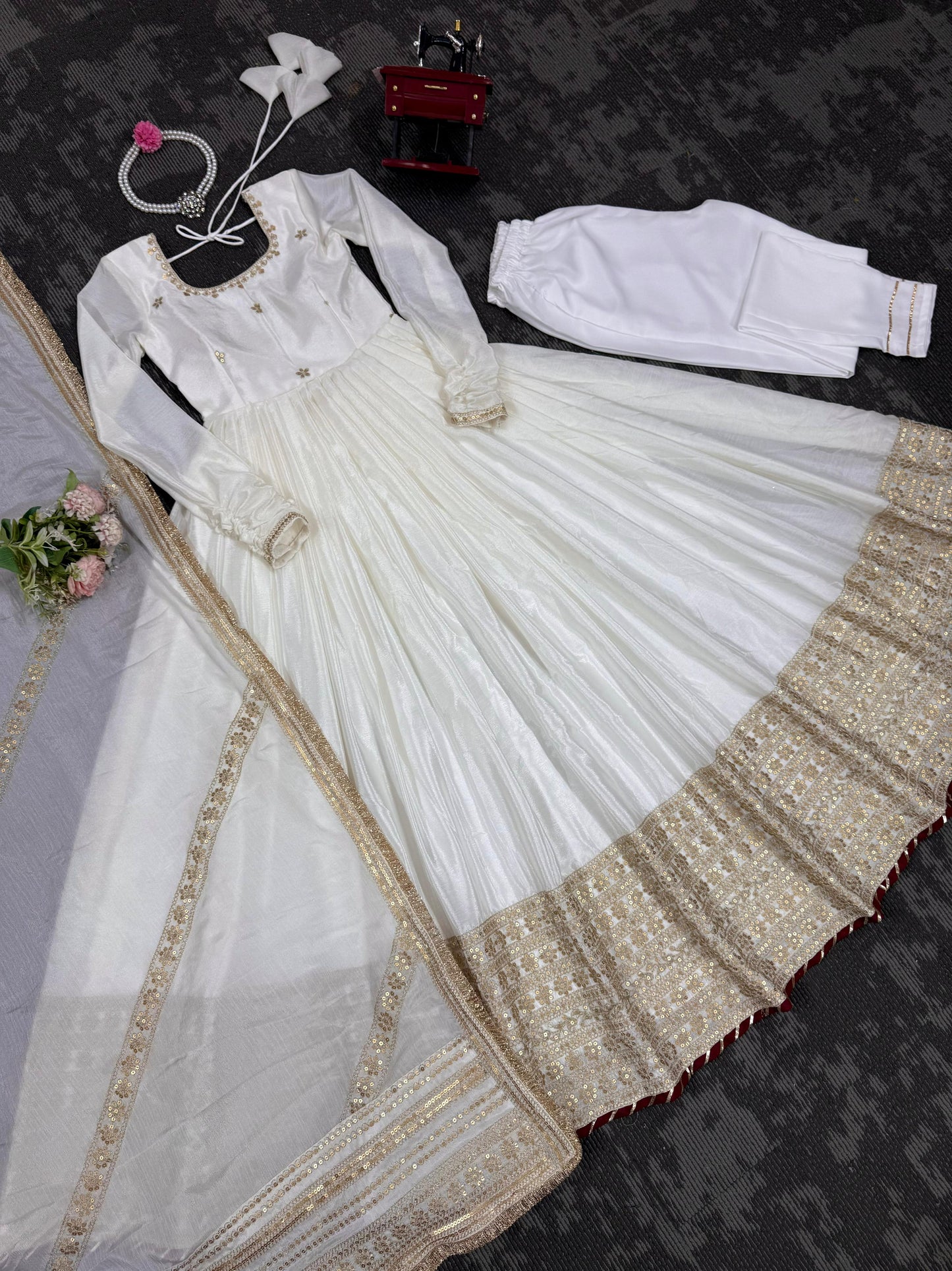 White Color Beautiful Gown in Chinon Silk Fabric