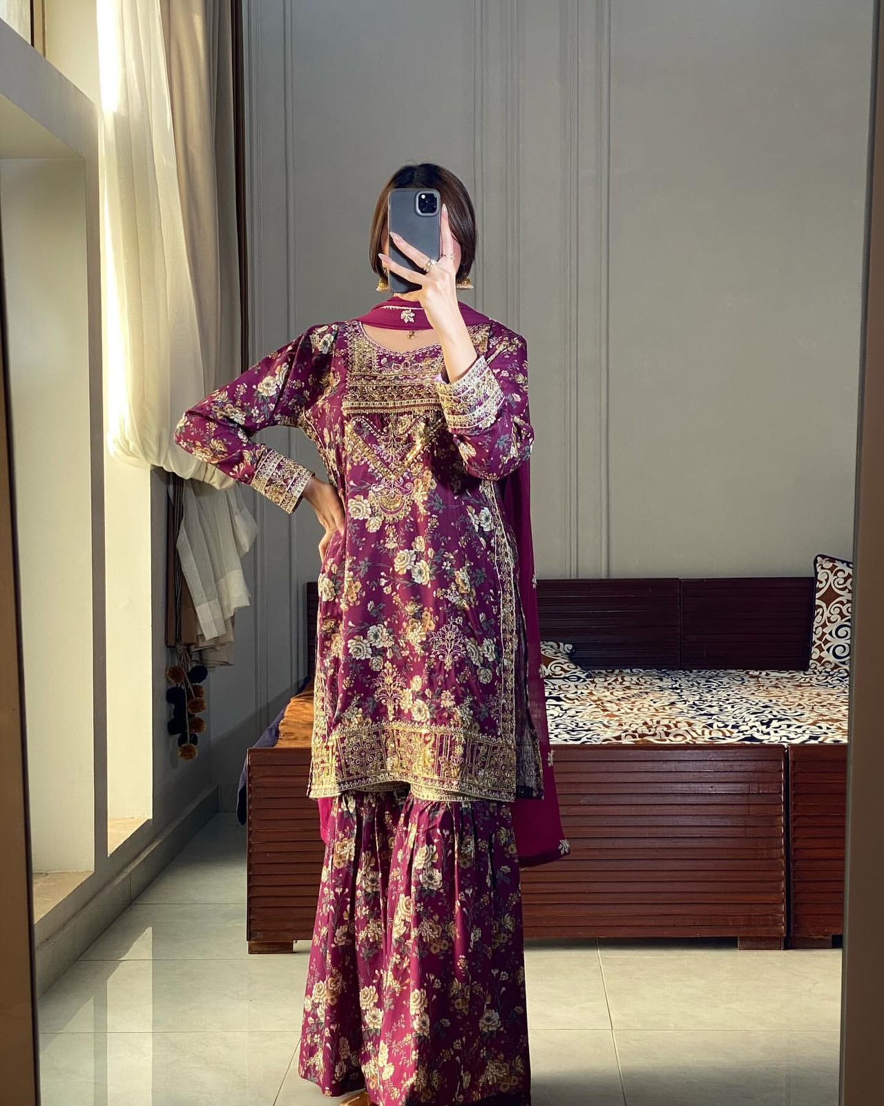 3 piece fancy printed kurti with beautiful sharara and lovely dupatta