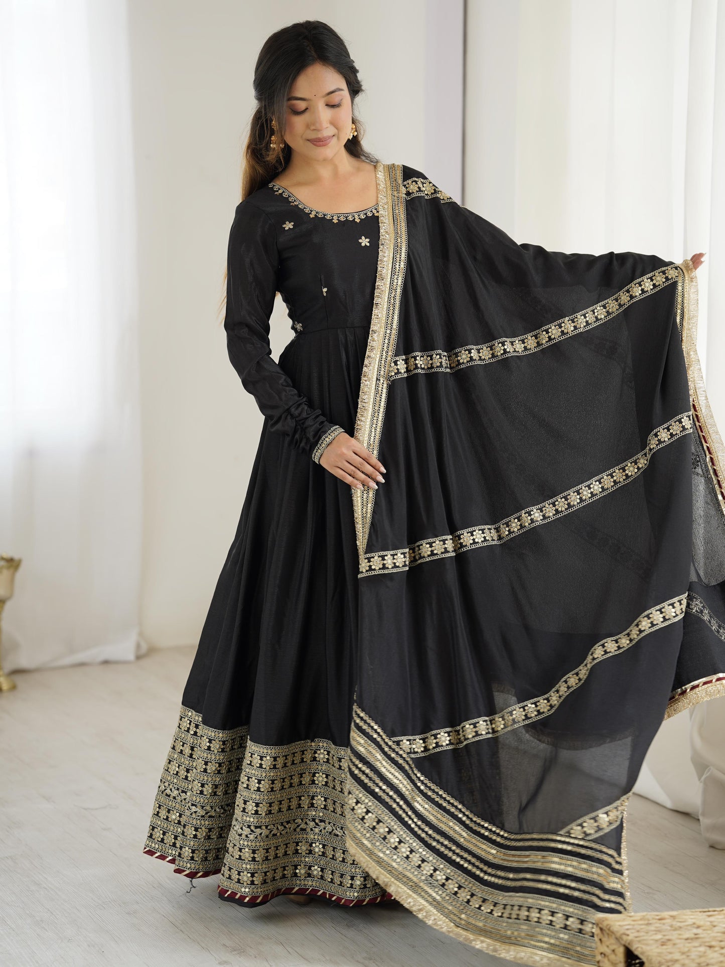 Black Color Beautiful Gown in Chinon Silk Fabric