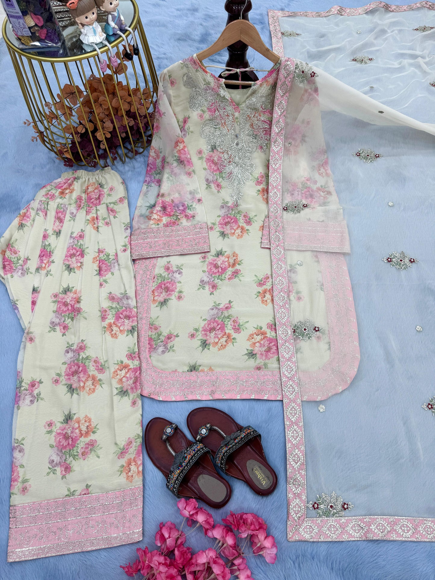 party wear look pur sifon georgette top & farshi palazzo with dupatta set
