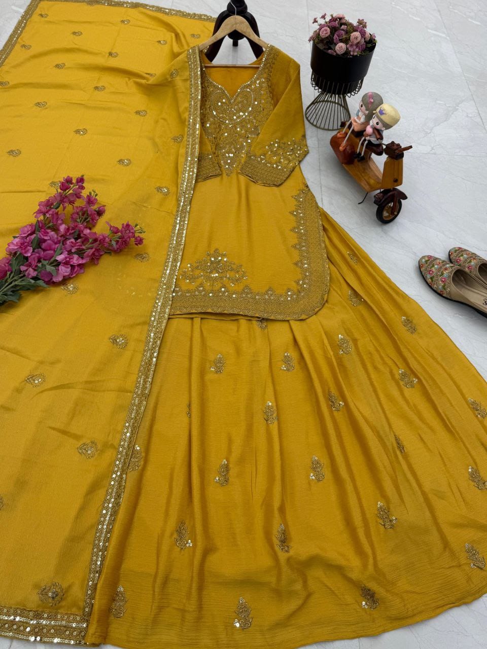 Yellow Color Beautiful Sharara Suit in Chinon FAbric