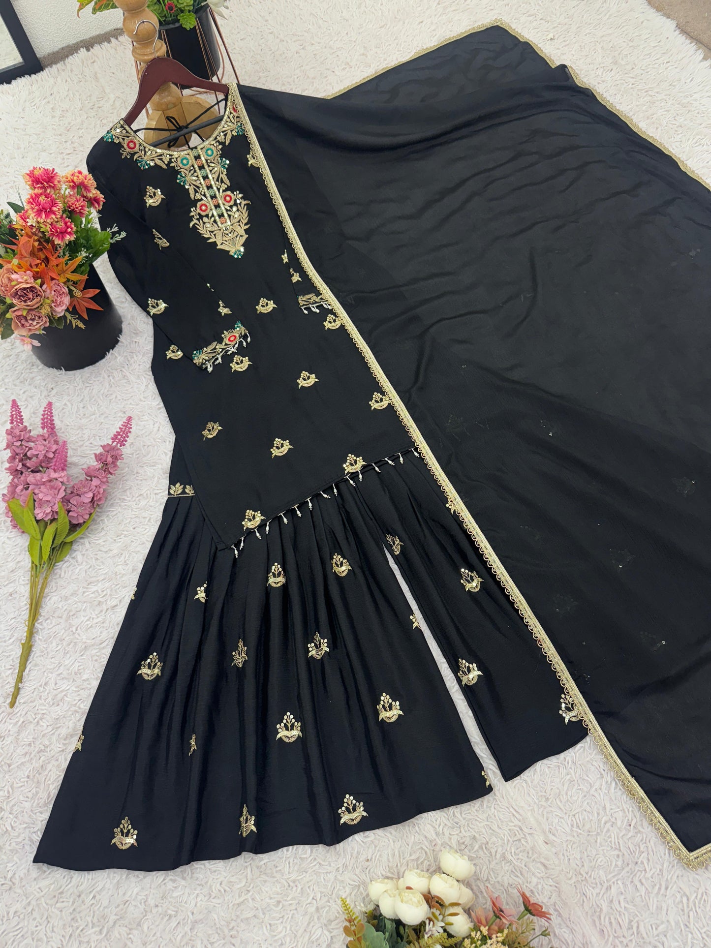 Party Wear Look Top-Sharara And Dupatta With Heavy Embroidery Sequence Work in black color
