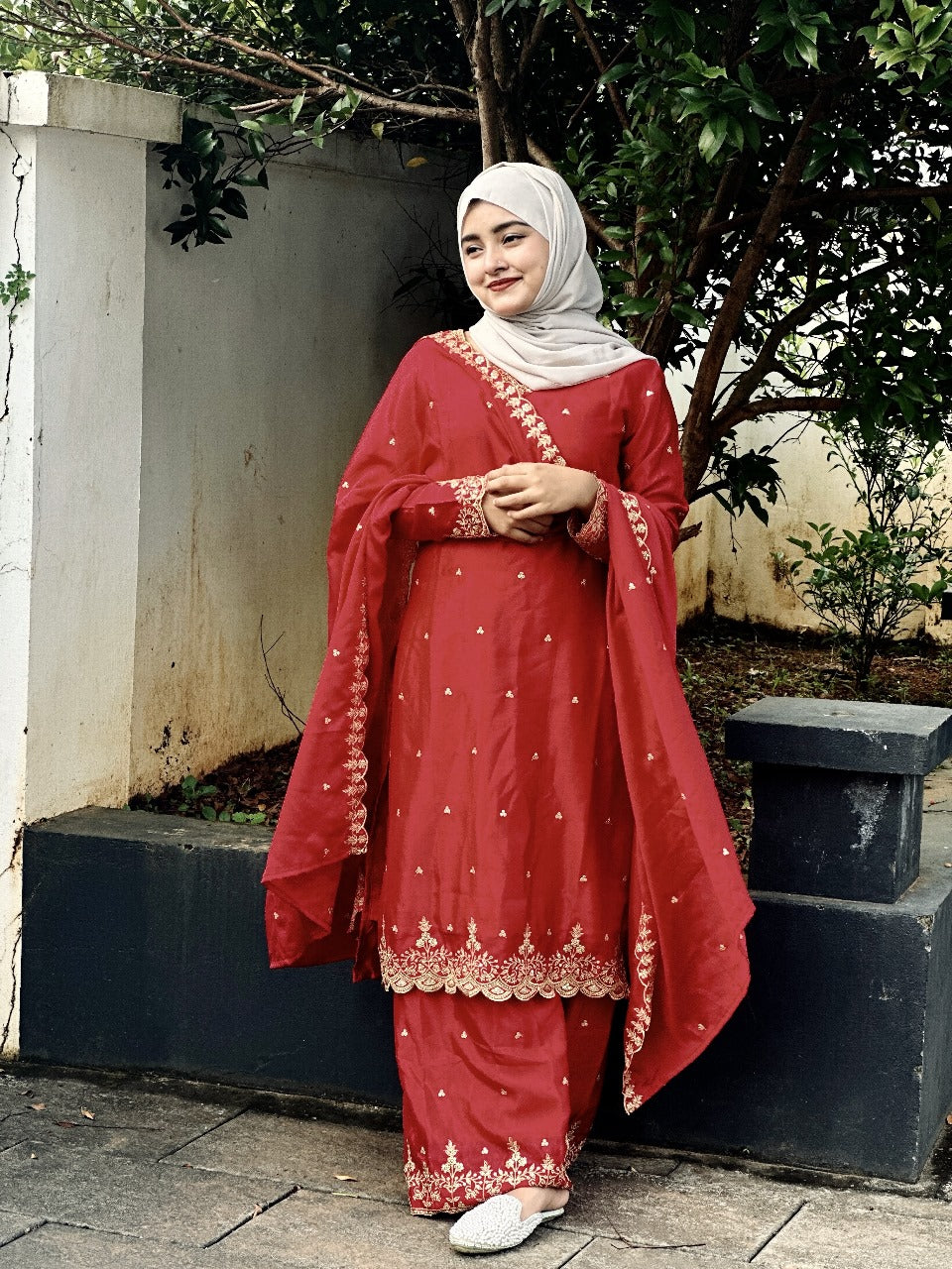 Red Color Festival Wear Dress in Chinon Silk Fabric