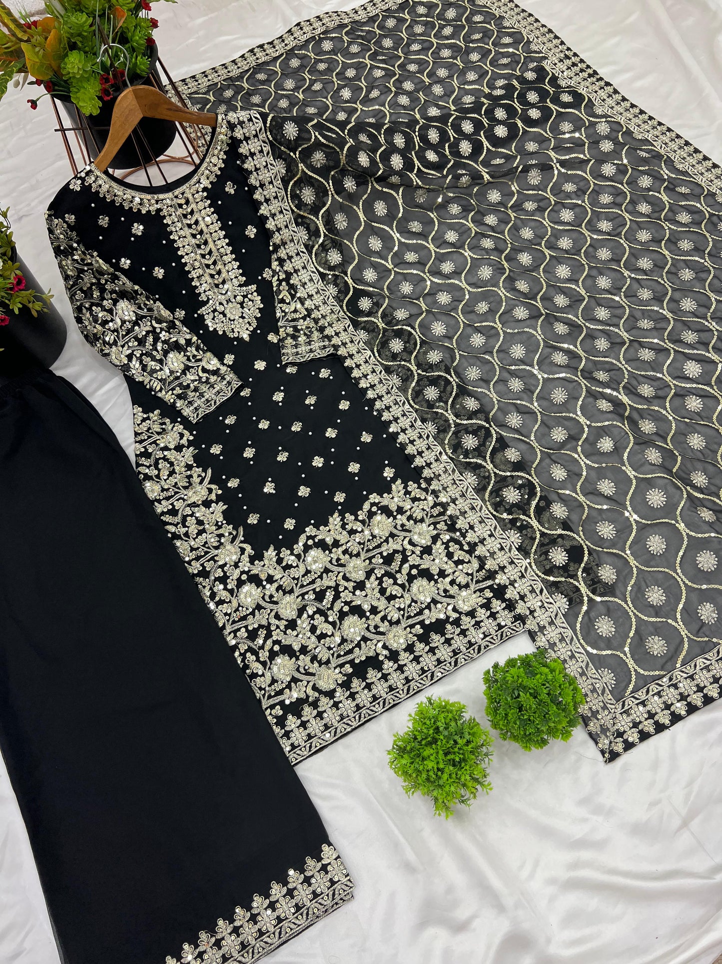 Black Color party wear look top-plazzo and dupatta with heavy embroidery work
