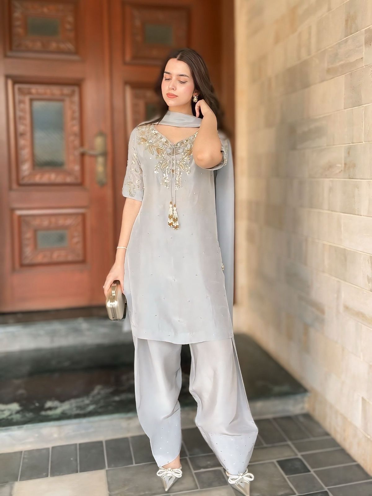 Party Wear Look Pur Natural Crepe Top & Farshi Palazzo With Dupatta Set