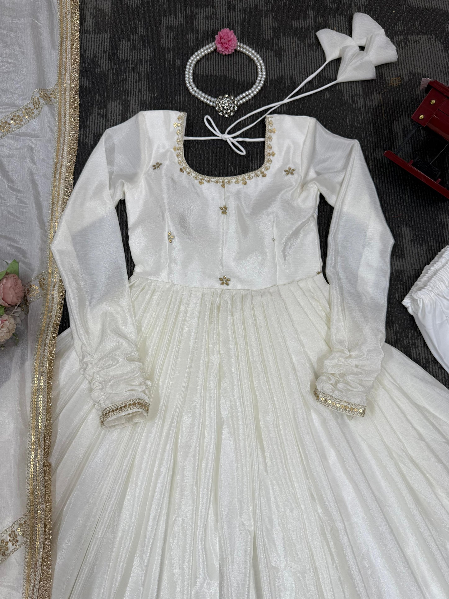 White Color Beautiful Gown in Chinon Silk Fabric