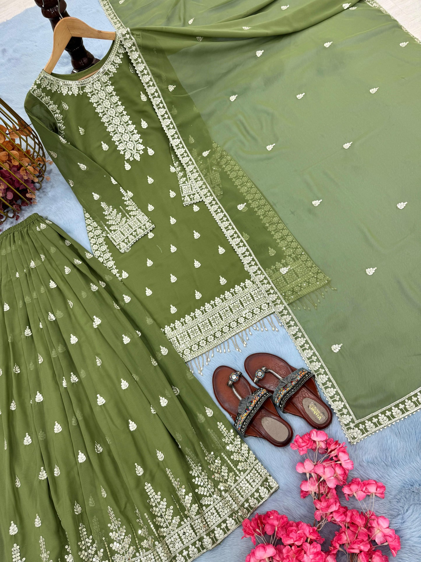 Green Color Beautiful Readymade Top Plazzo & Dupatta