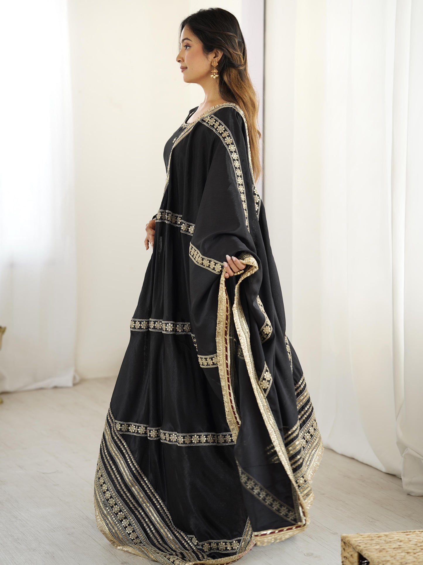Black Color Beautiful Gown in Chinon Silk Fabric