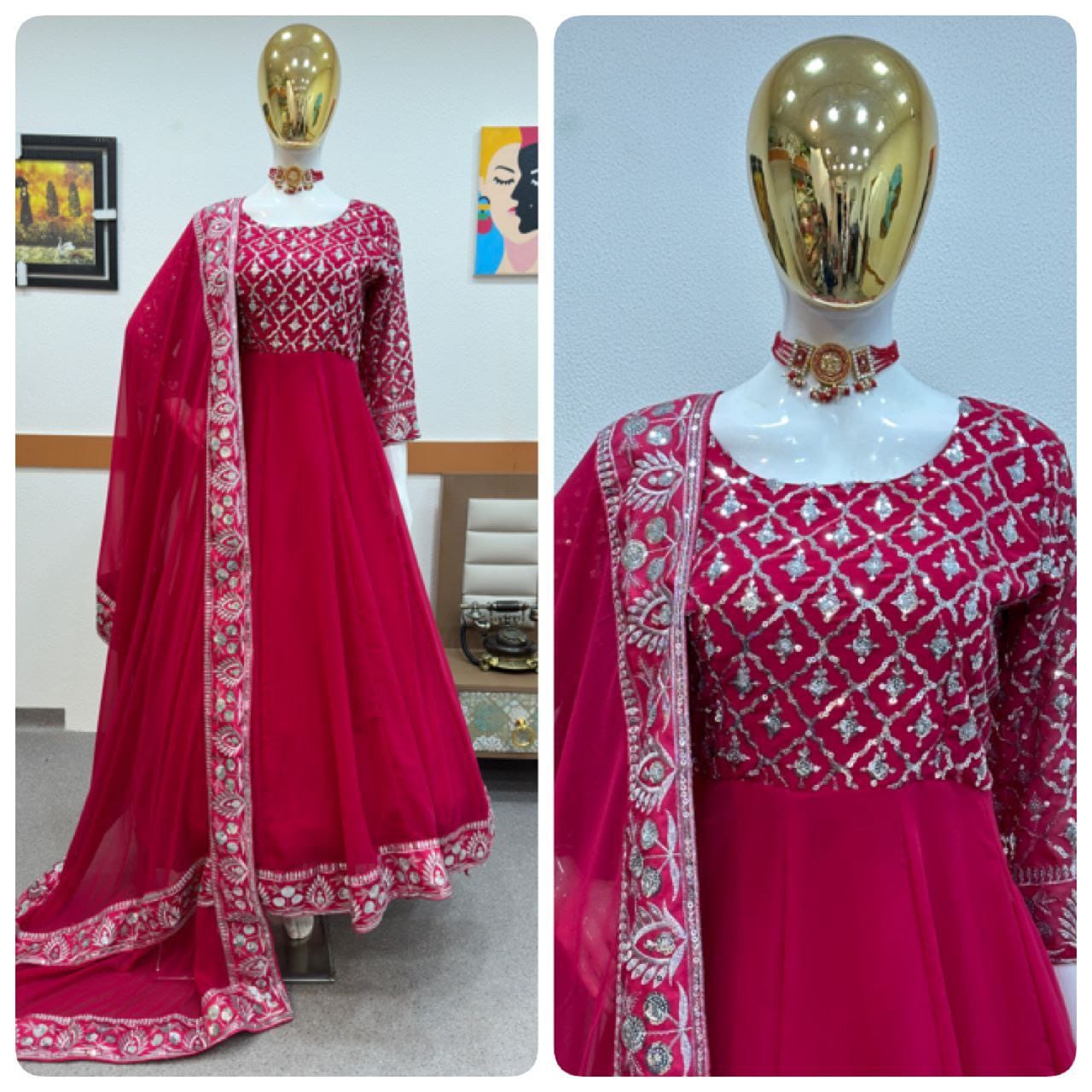 Red color gown in georgete fabric