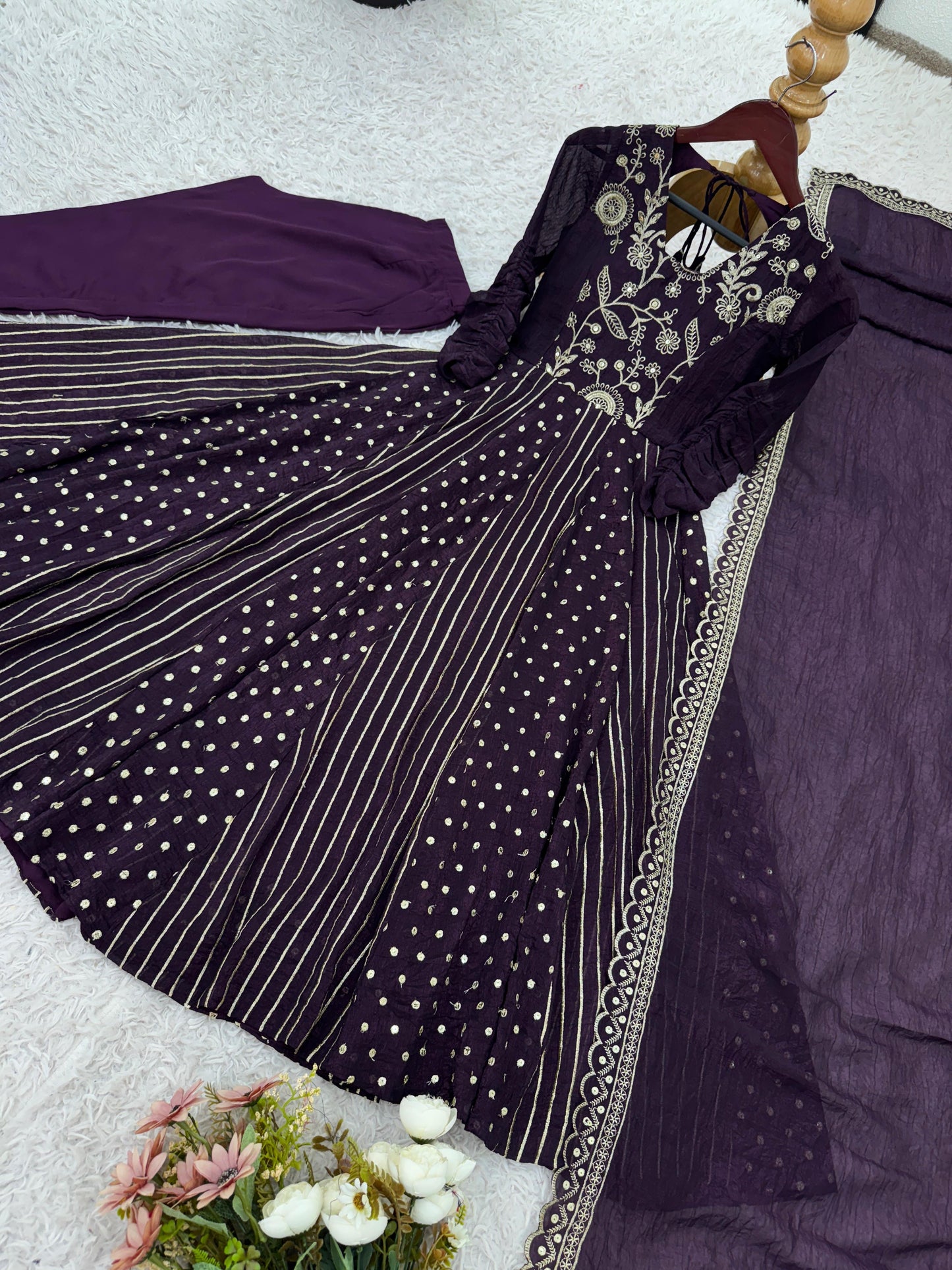purple color anrakli gown in silk fabric with embroidery work