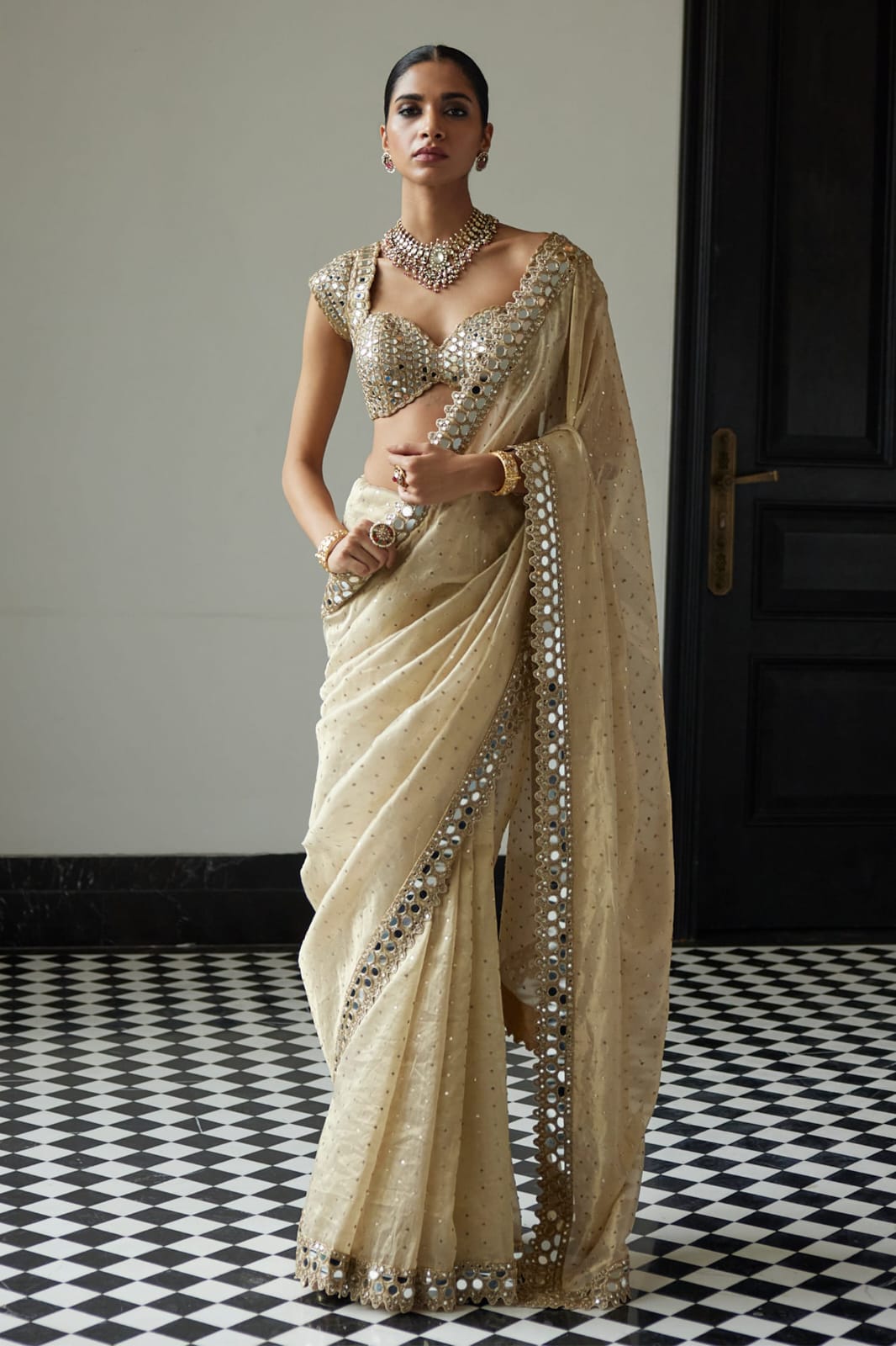 White Cream Color Beautiful PArtywear Saree in Organza SAree