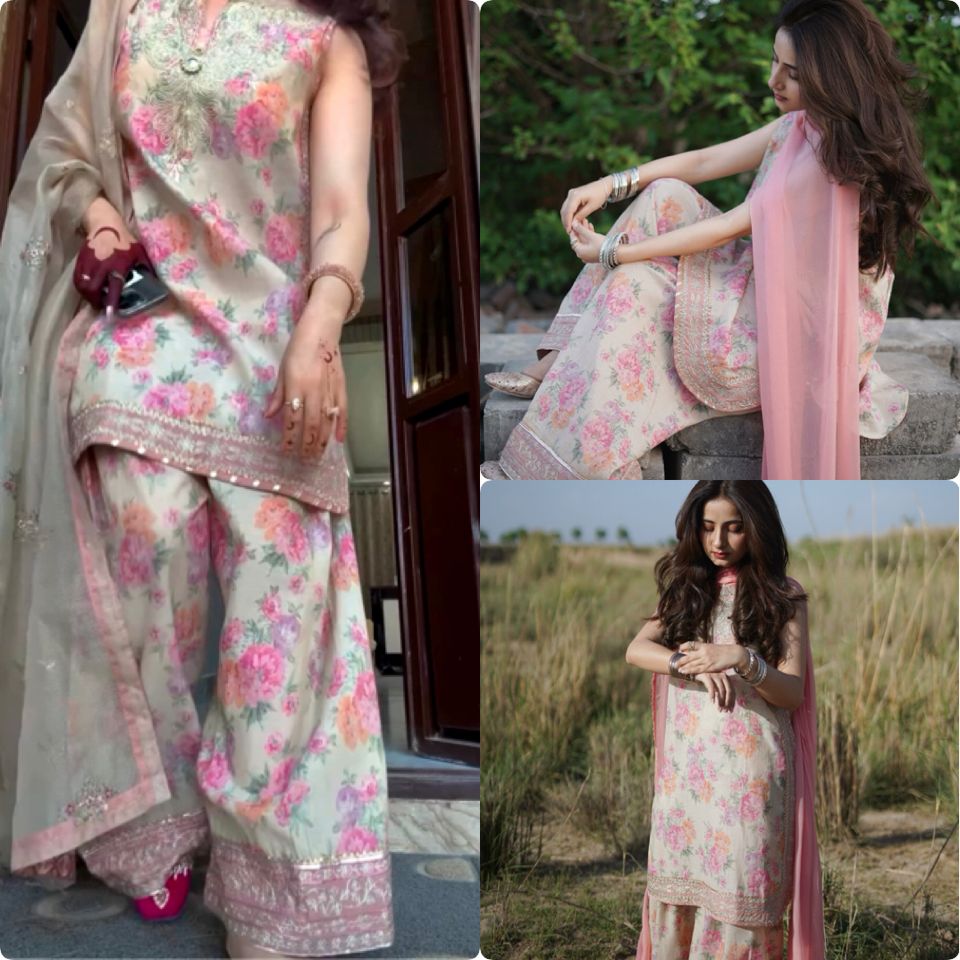 party wear look pur sifon georgette top & farshi palazzo with dupatta set