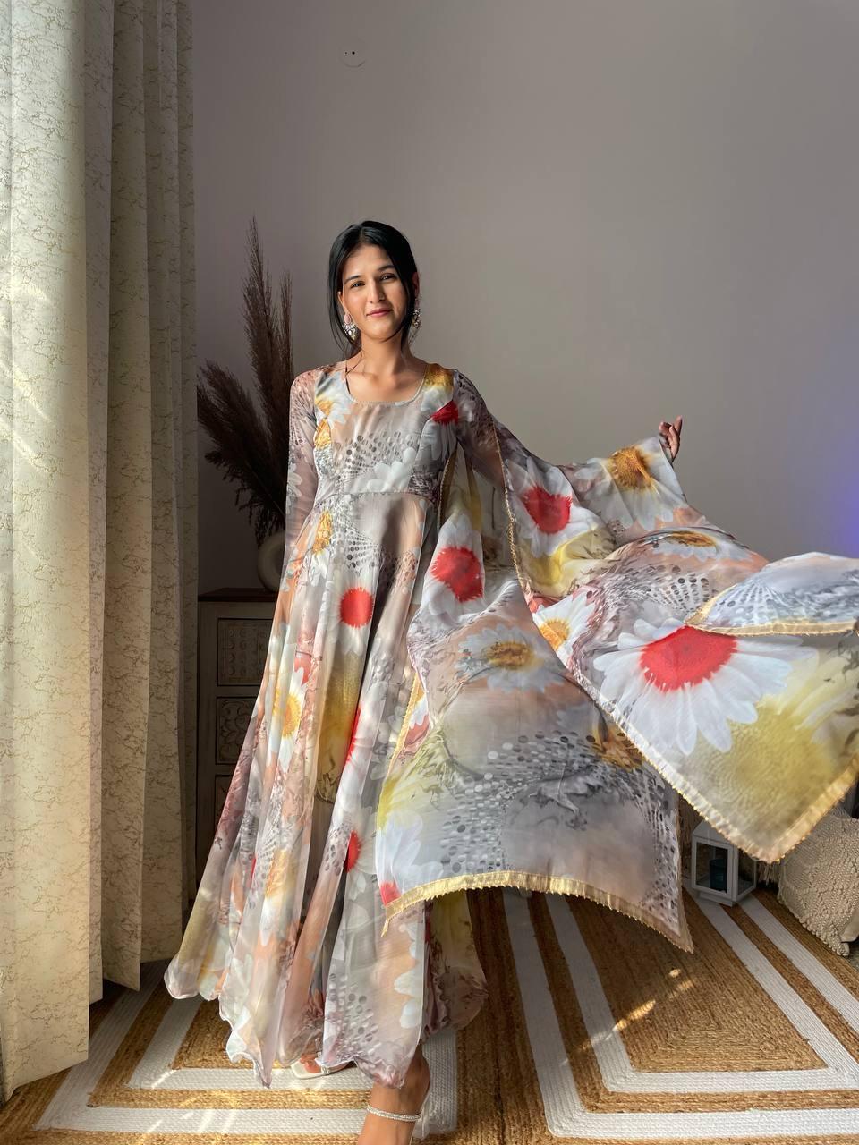 Party Wear Look Organza Taby Silk Gown With Dupatta Pant