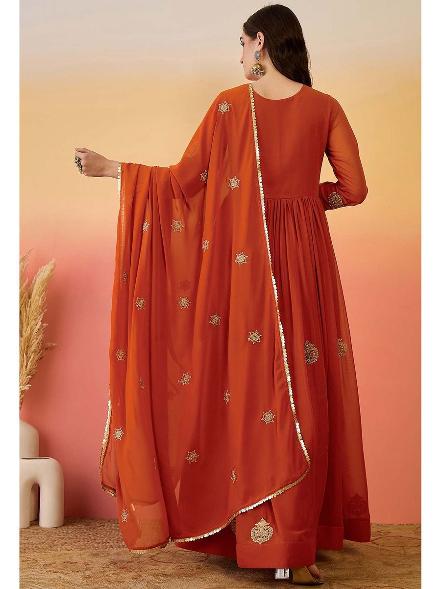 georgette with embroidery sequence work gown and dupatta set fully stitched