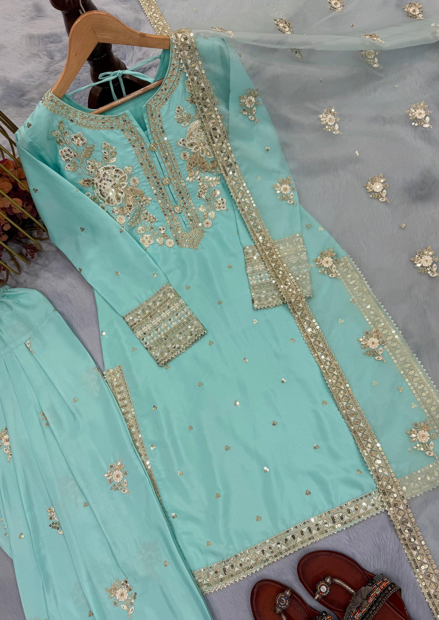 Designer Party Wear Look Pur Natural Crepe Top & Farshi Palazzo With Dupatta Set