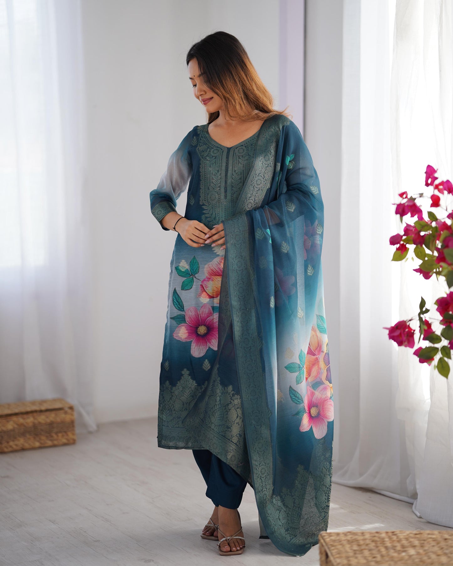 Blue Color Beautiful Chanderi Silk FAbric Dress