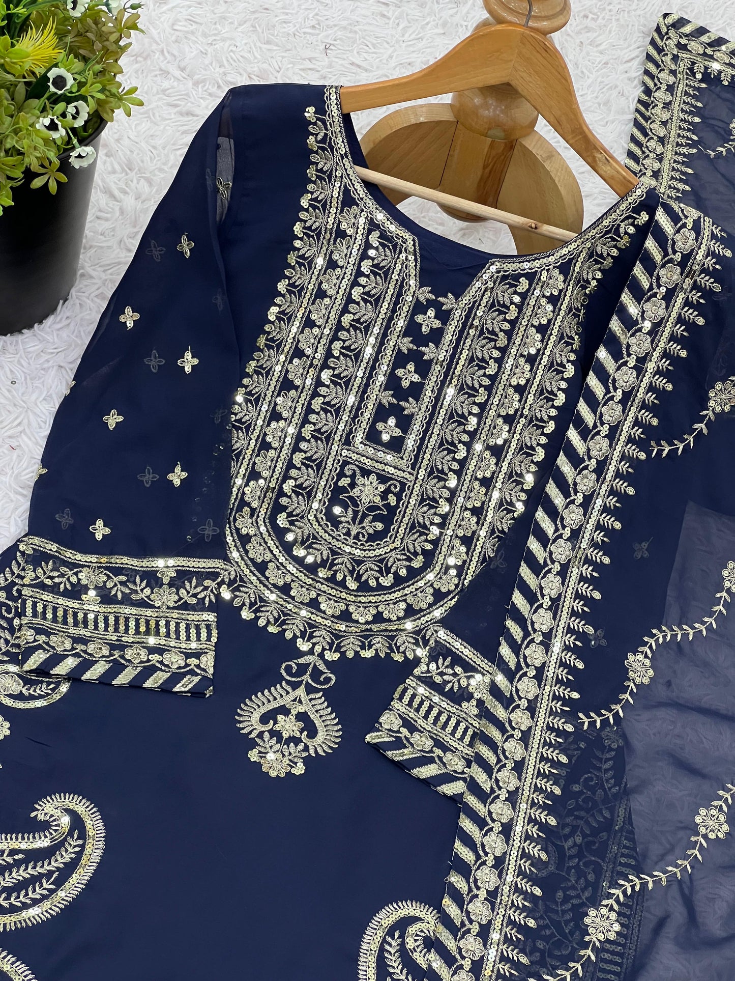 Navy BLue Color Embroidery Sequence Work Top-Sharara And Dupatta Set Fully Stitched