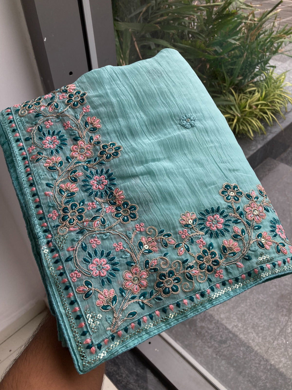 Sky BLue Color Beautiful Curnchy silk saree