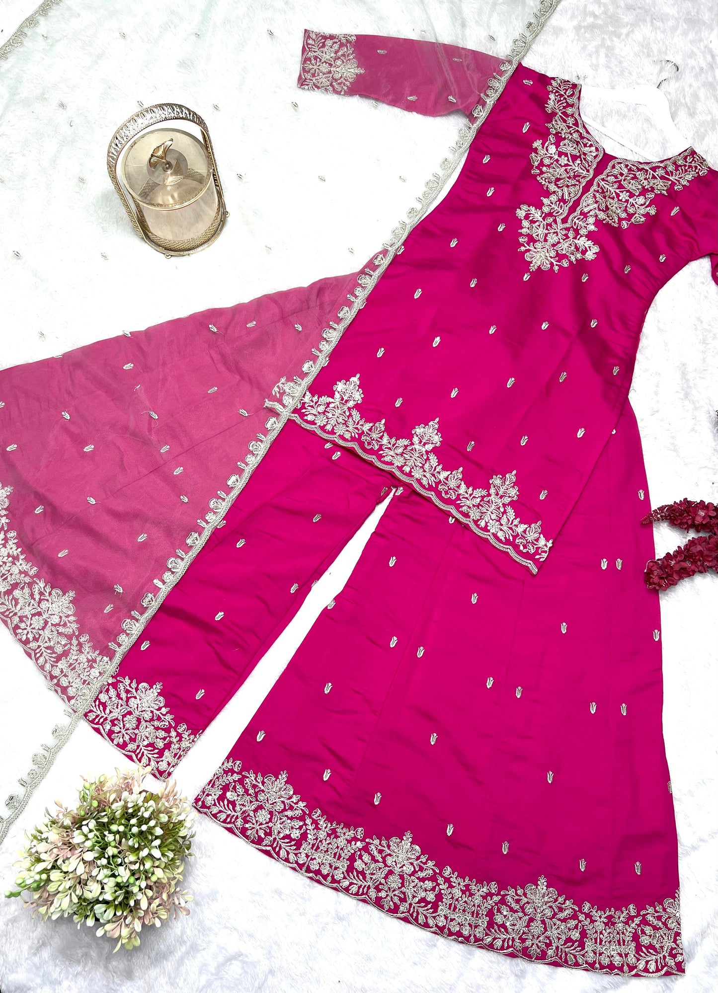 Pink Color Beauitful Festival Wear Roman Silk PLazo DRess
