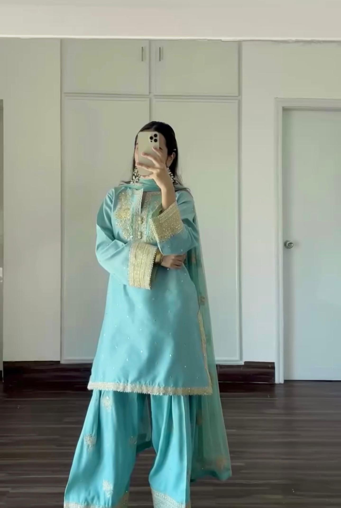 Designer Party Wear Look Pur Natural Crepe Top & Farshi Palazzo With Dupatta Set