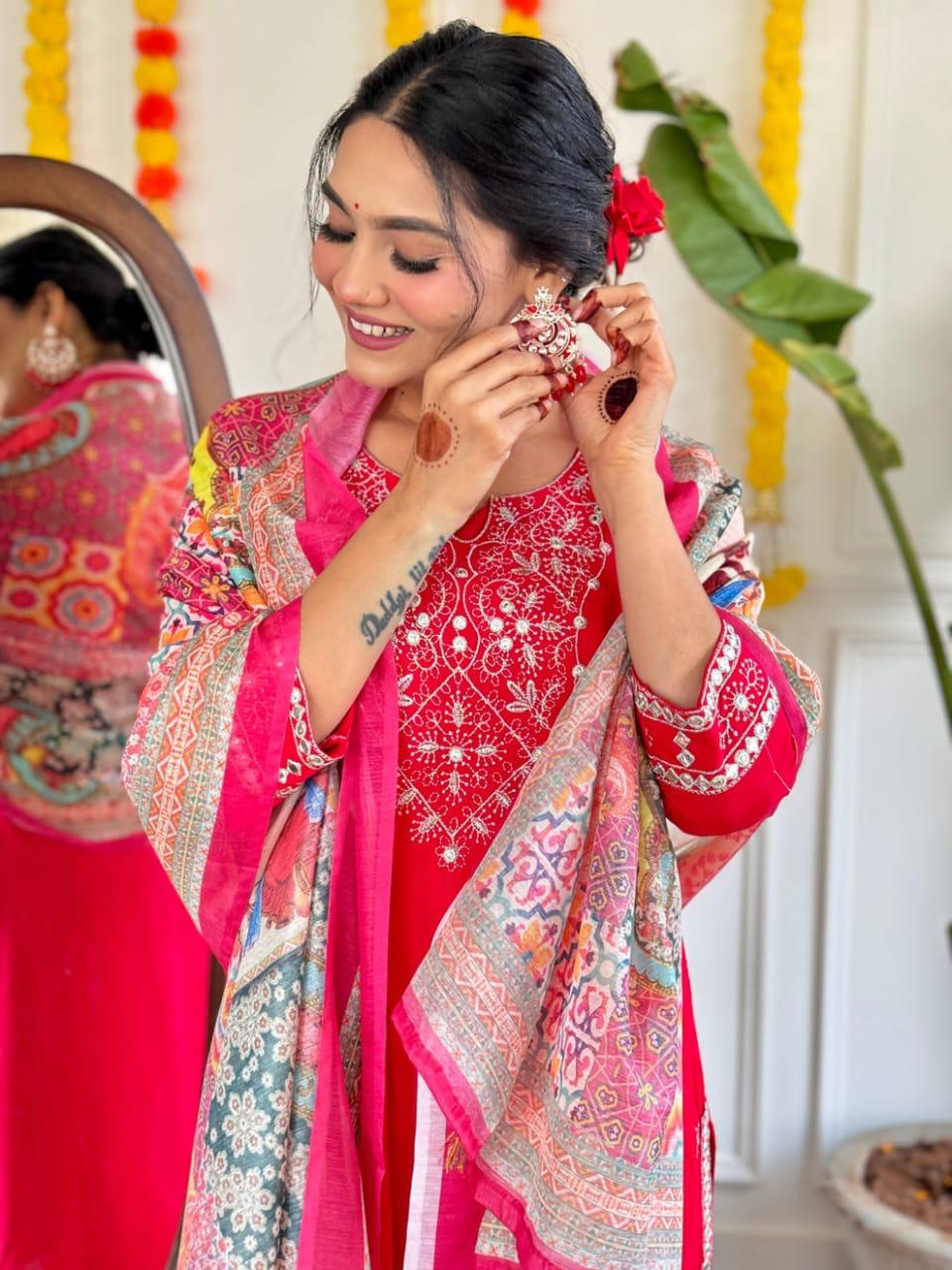 Red Color Beautiful Partywear Dress in Cotton Fabric