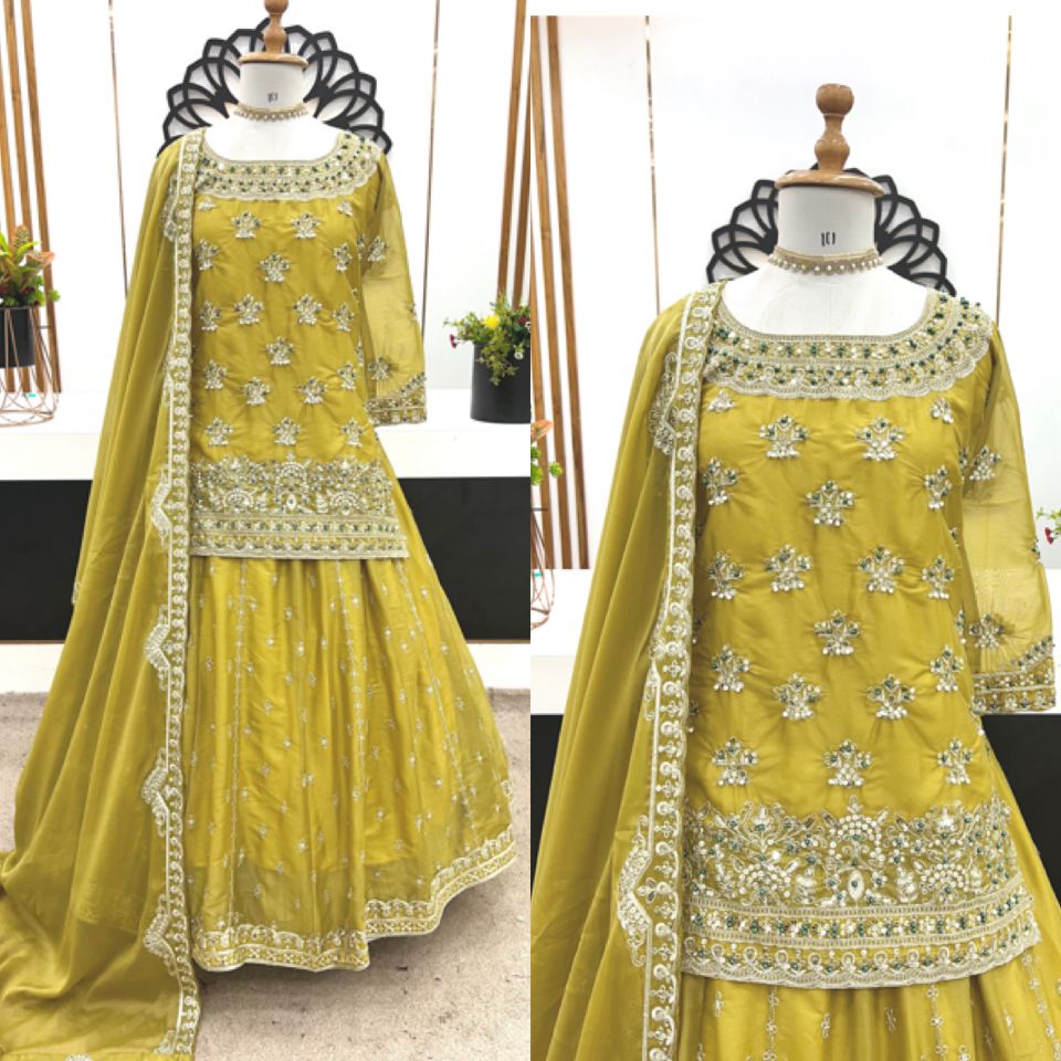 Yellow Color Beautiful Top Lehenga Dupatta Dress in Georgette Fabric