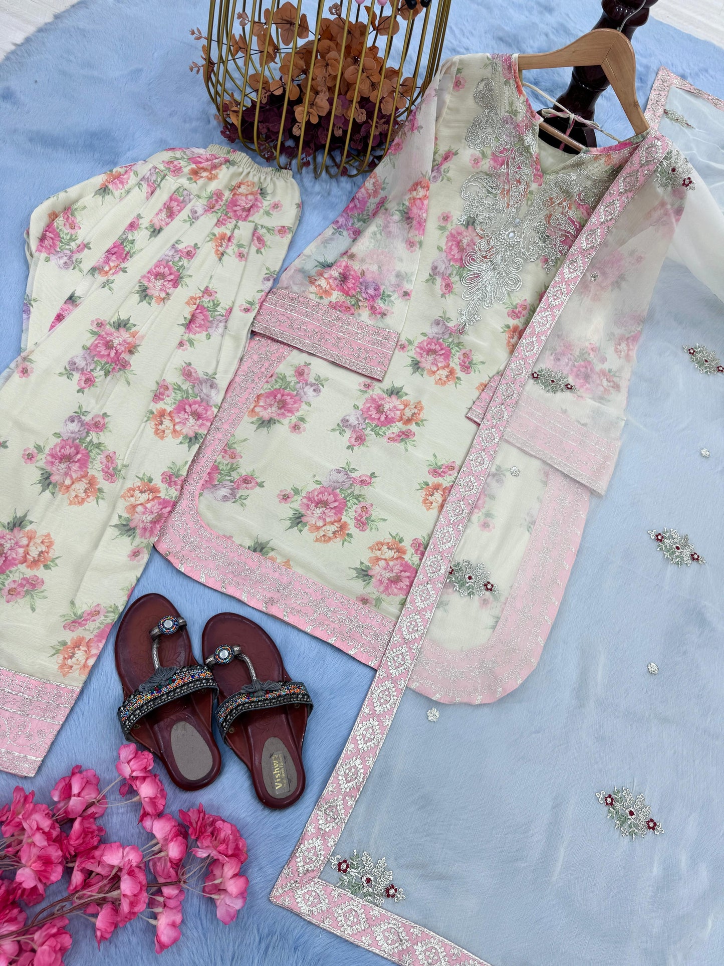 party wear look pur sifon georgette top & farshi palazzo with dupatta set