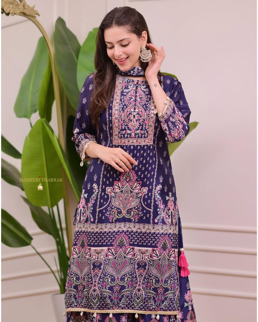 designer wear trending top with printed work with hand work with plazo and dupatta set