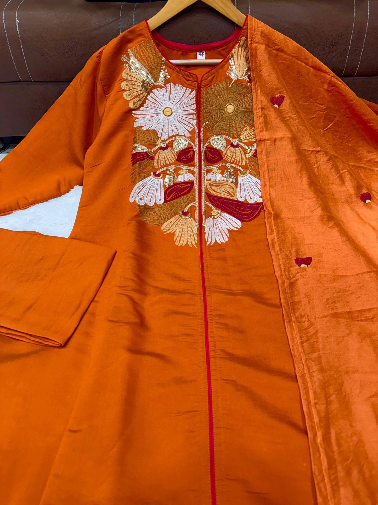 orange color office wear dress in chanderi silk fabric