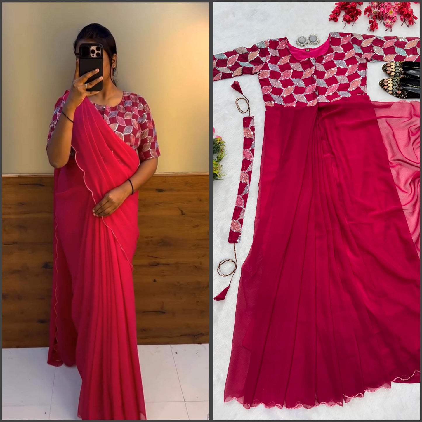 red color beautiful trending zip nd go embroidery saree