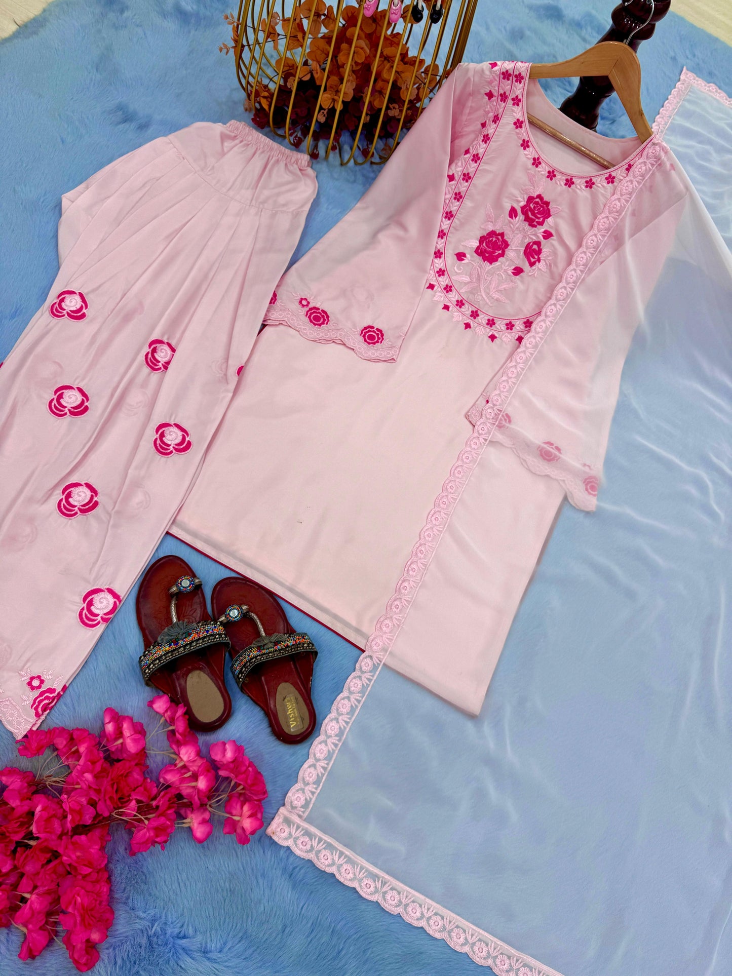 Party Wear Look Pure Natural Crepe Top & Farshi Palazzo With Dupatta Set