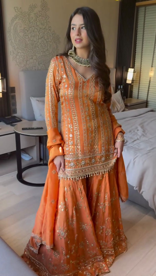 Orange Color Beautiful Sharara Dress in Georgette Fabric