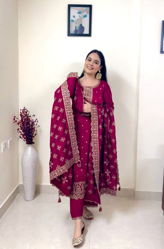 Vichitra Silk Top-Pent And Dupatta Set Fully Stitched Ready To Wear