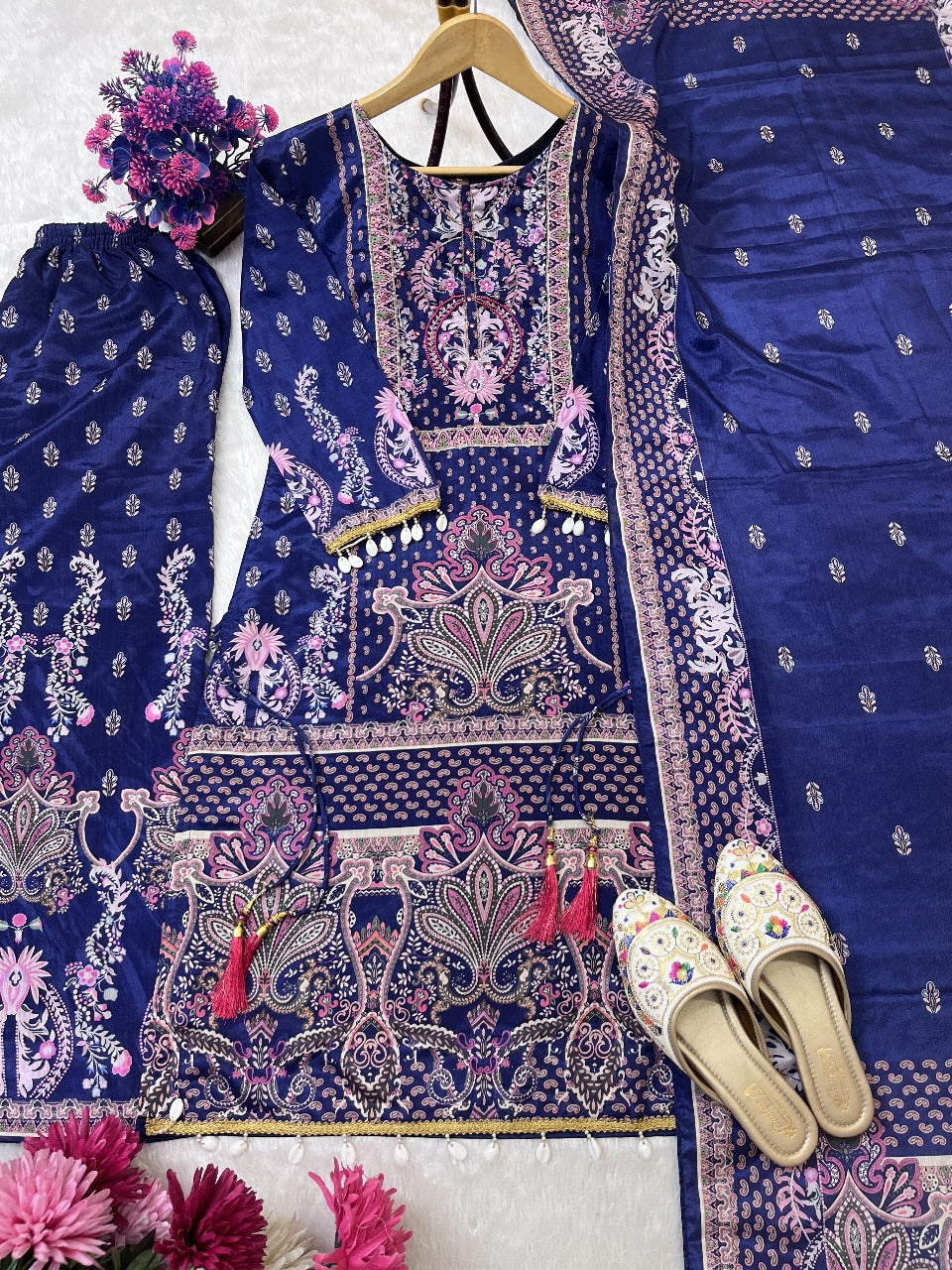 designer wear trending top with printed work with hand work with plazo and dupatta set
