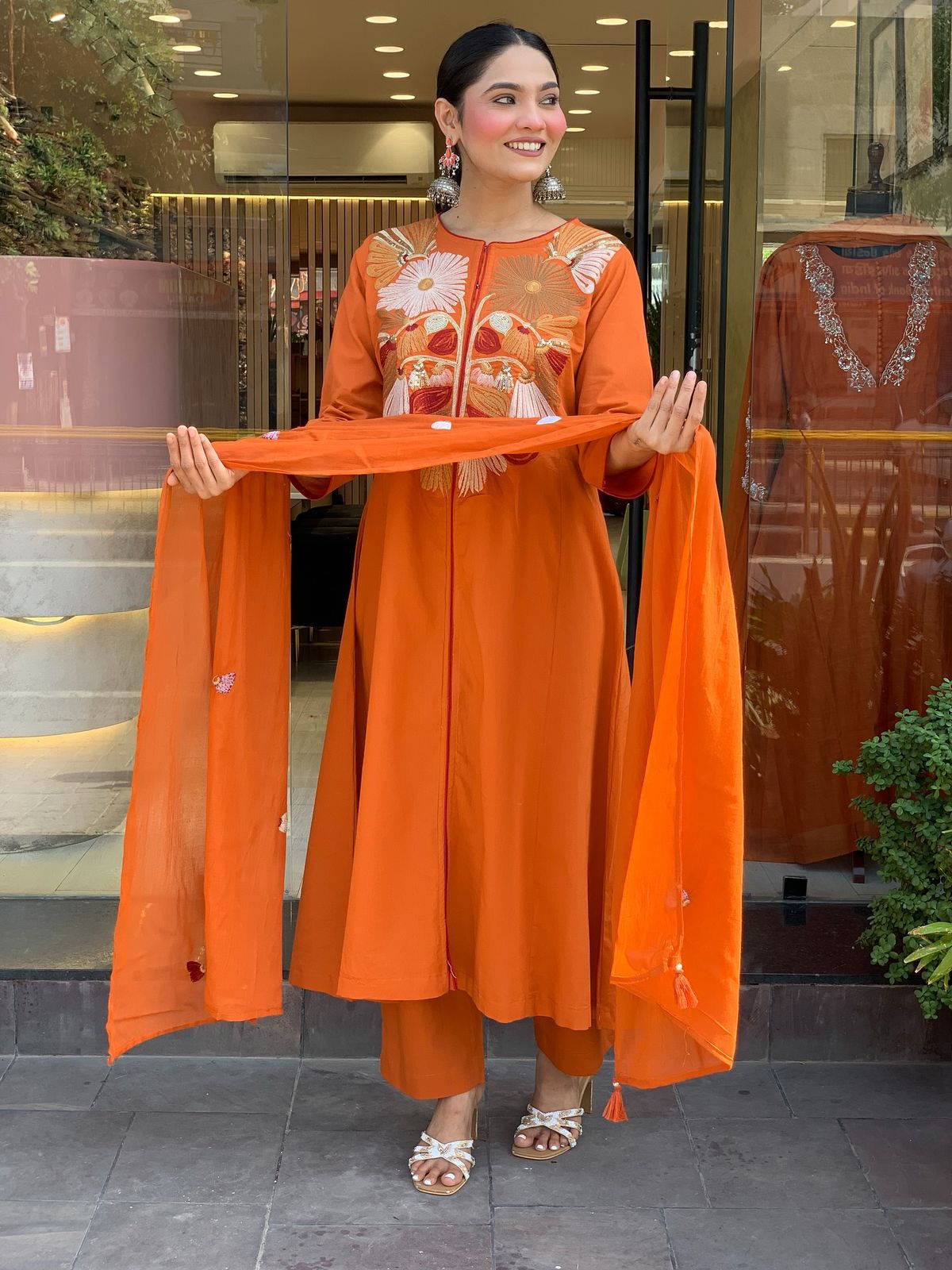 orange color office wear dress in chanderi silk fabric