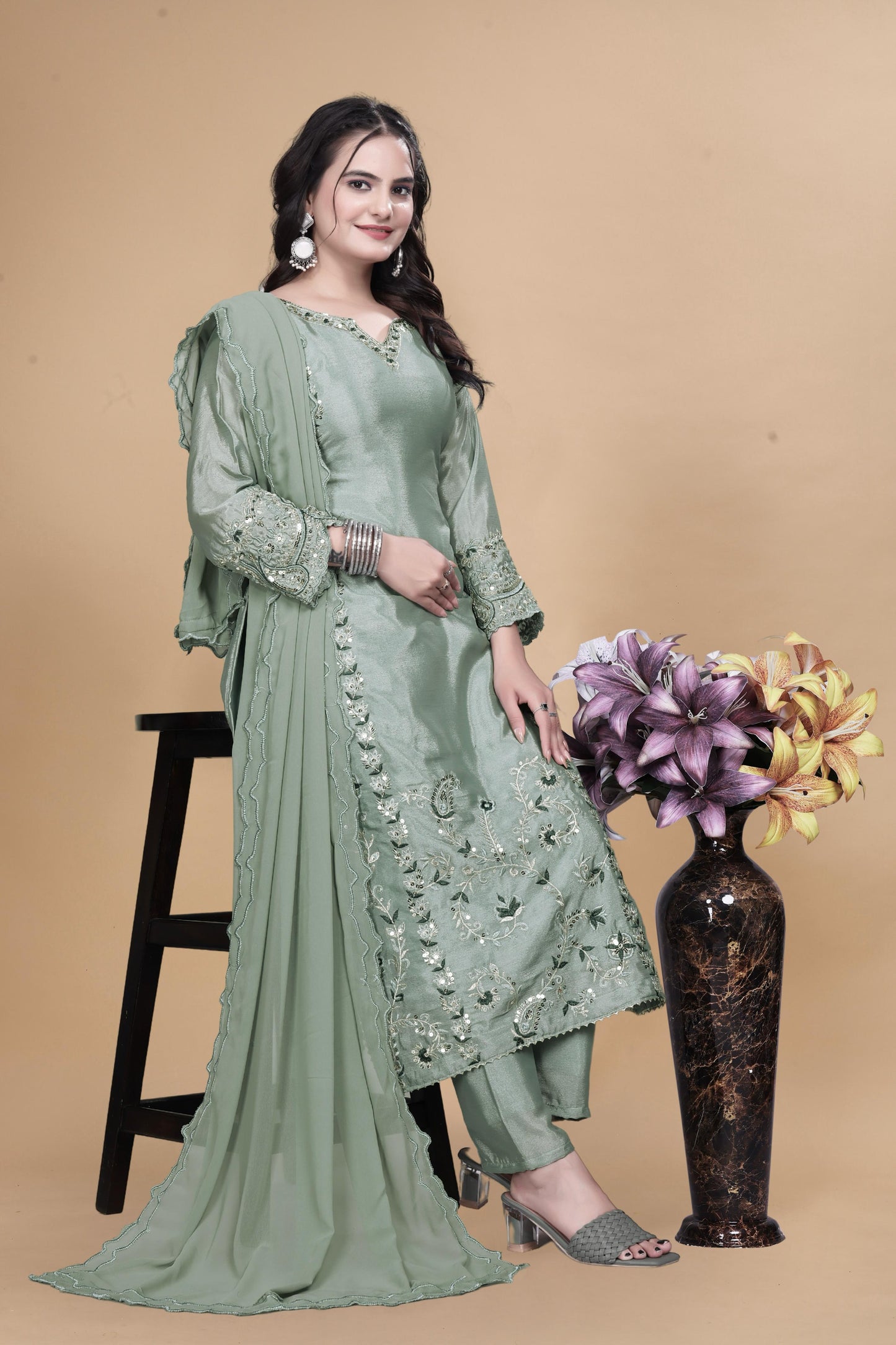 Traditional Collection 3 Piece Long Kurti With Bottom And Beautiful Dupatta