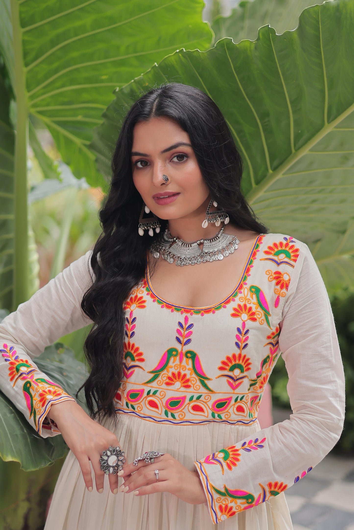 Off white color gown in cotton fabric with 10 + meter flair