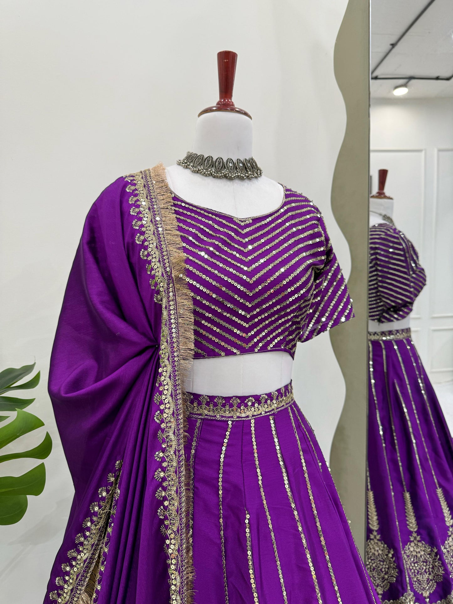 Purple Color Beautiful Partywear Lehenga Choli in Chinon Silk Fabric
