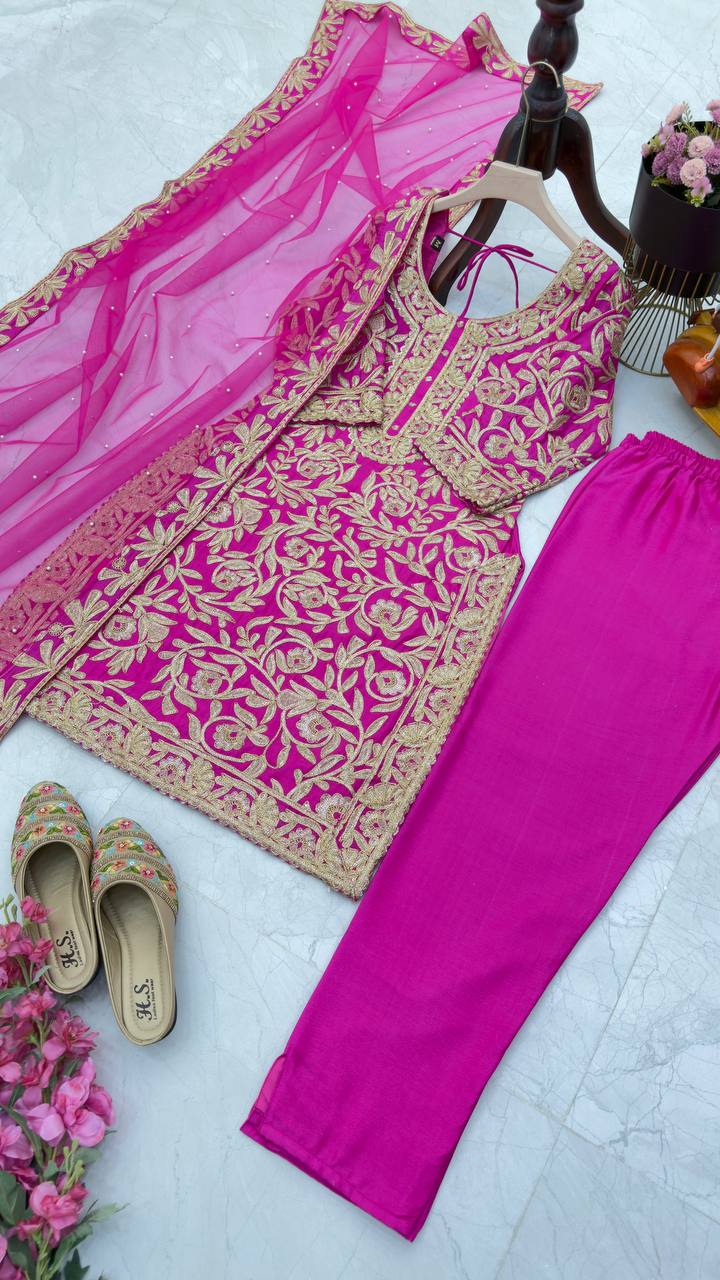 Pink Color PArtywear Dress in Chinon Fabric
