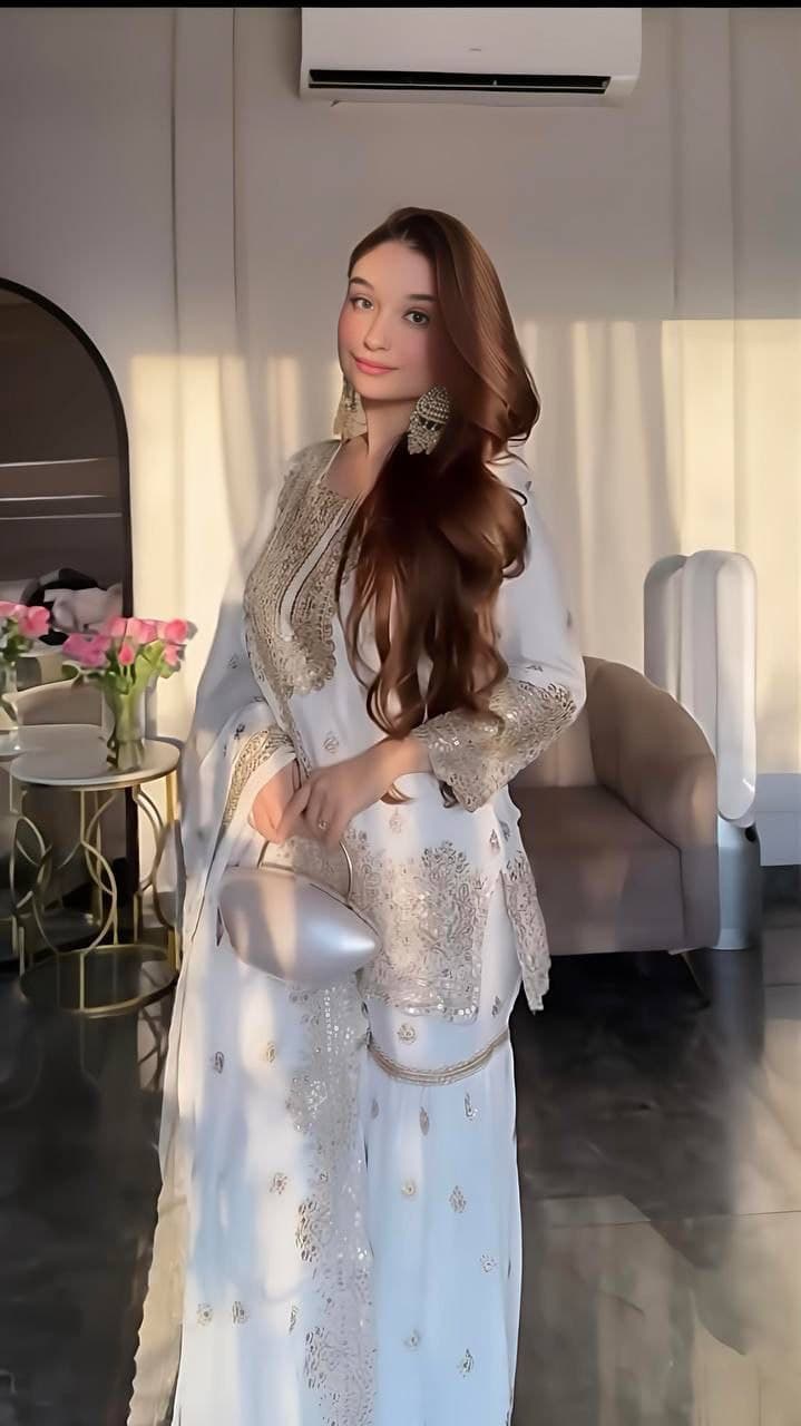 White Color Beautiful Sharara Suit in Silk Color