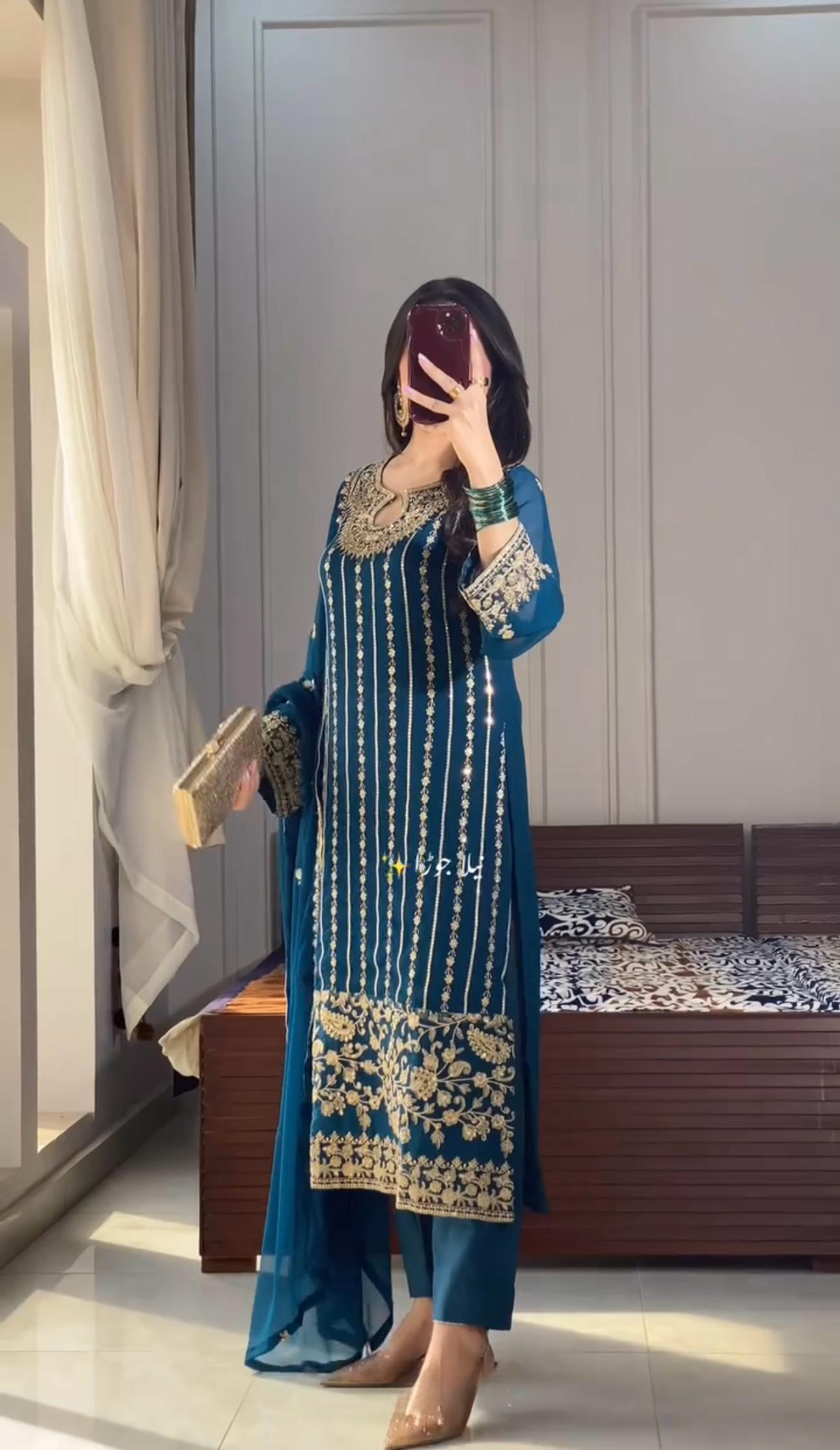 Blue Color Beautiful Partywear Dress IN Chinon Fabric
