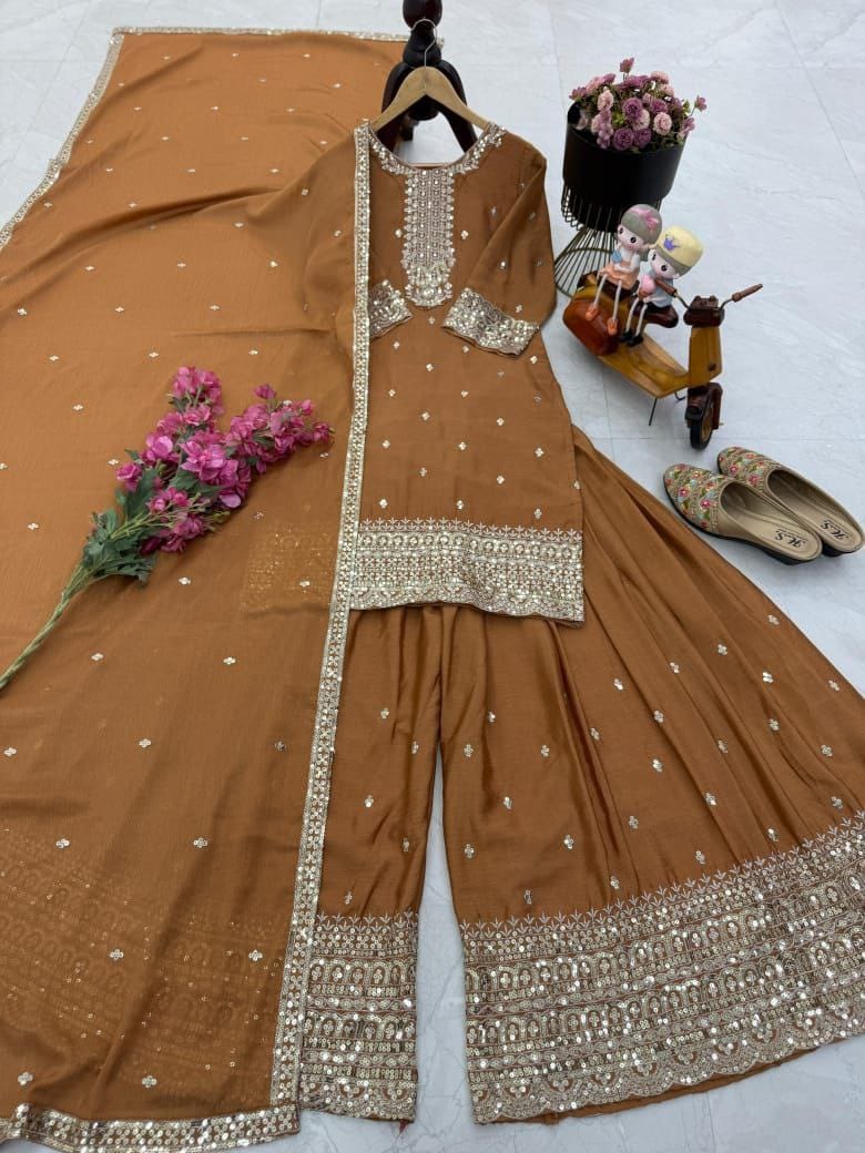 Designer Party Top Pallazo & Dupatta Set in brown color